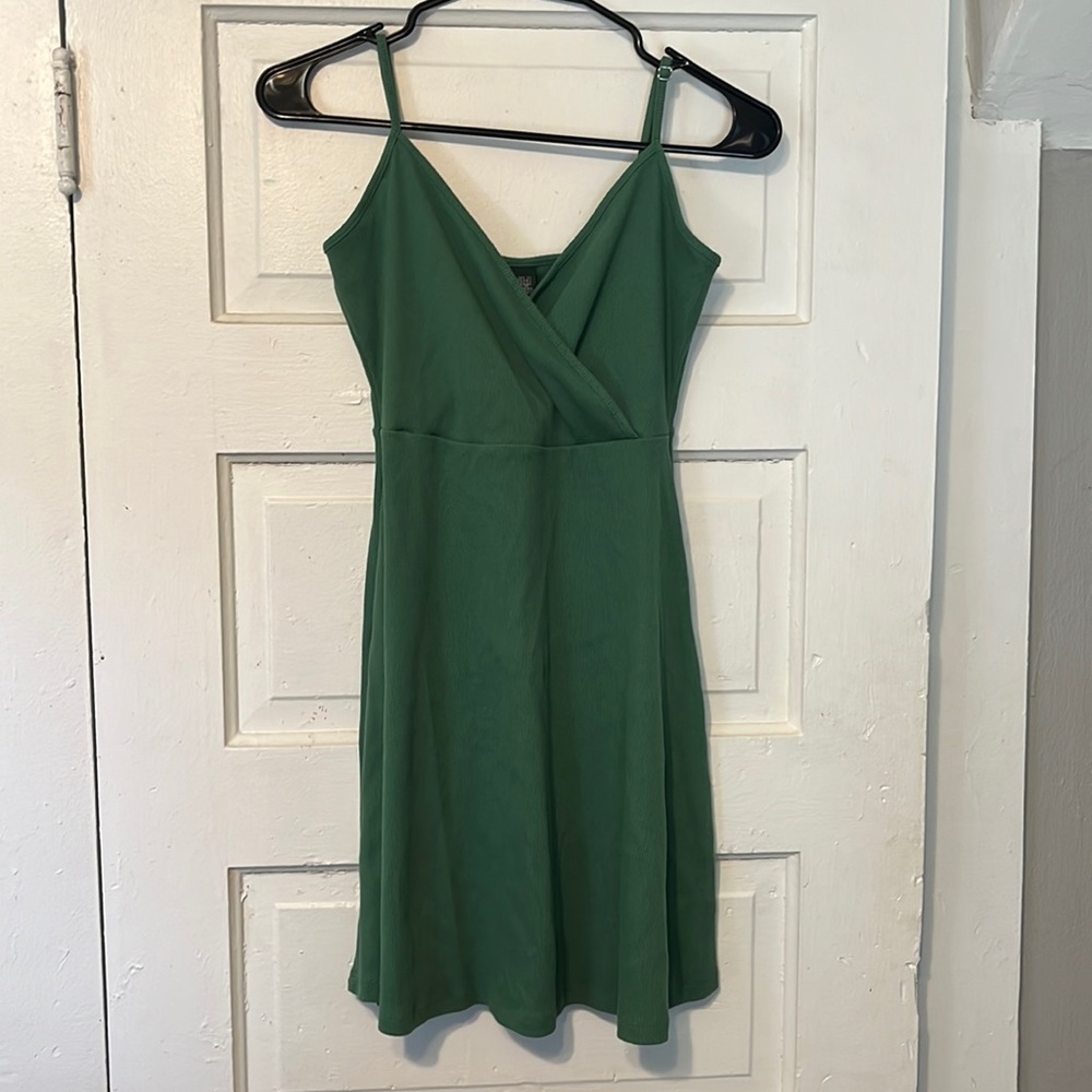 Green midi dress, crossover neckline